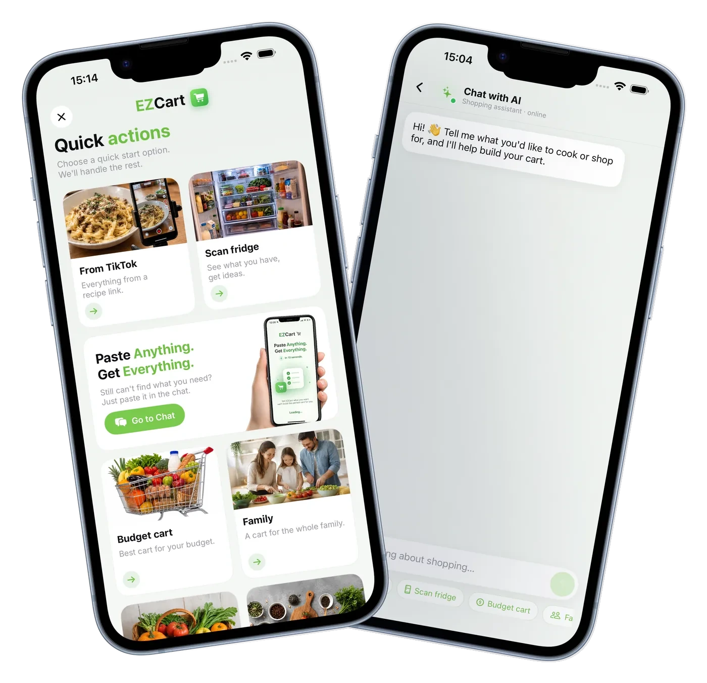 EZCart app — quick actions and AI chat
