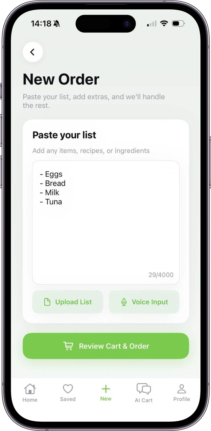 EZCart app — paste your list to start a new order